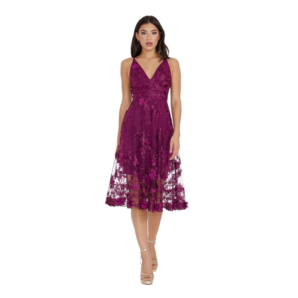 Dress the Population Plum Floral Lace V-Neck Midi Dress